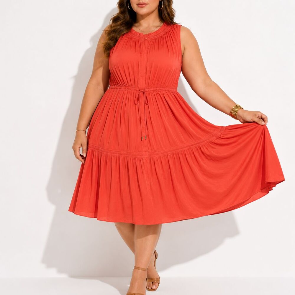 Lane Bryant Silky Coral Sleeveless Tiered Dress Drawstring Waist Pockets 18 Plus